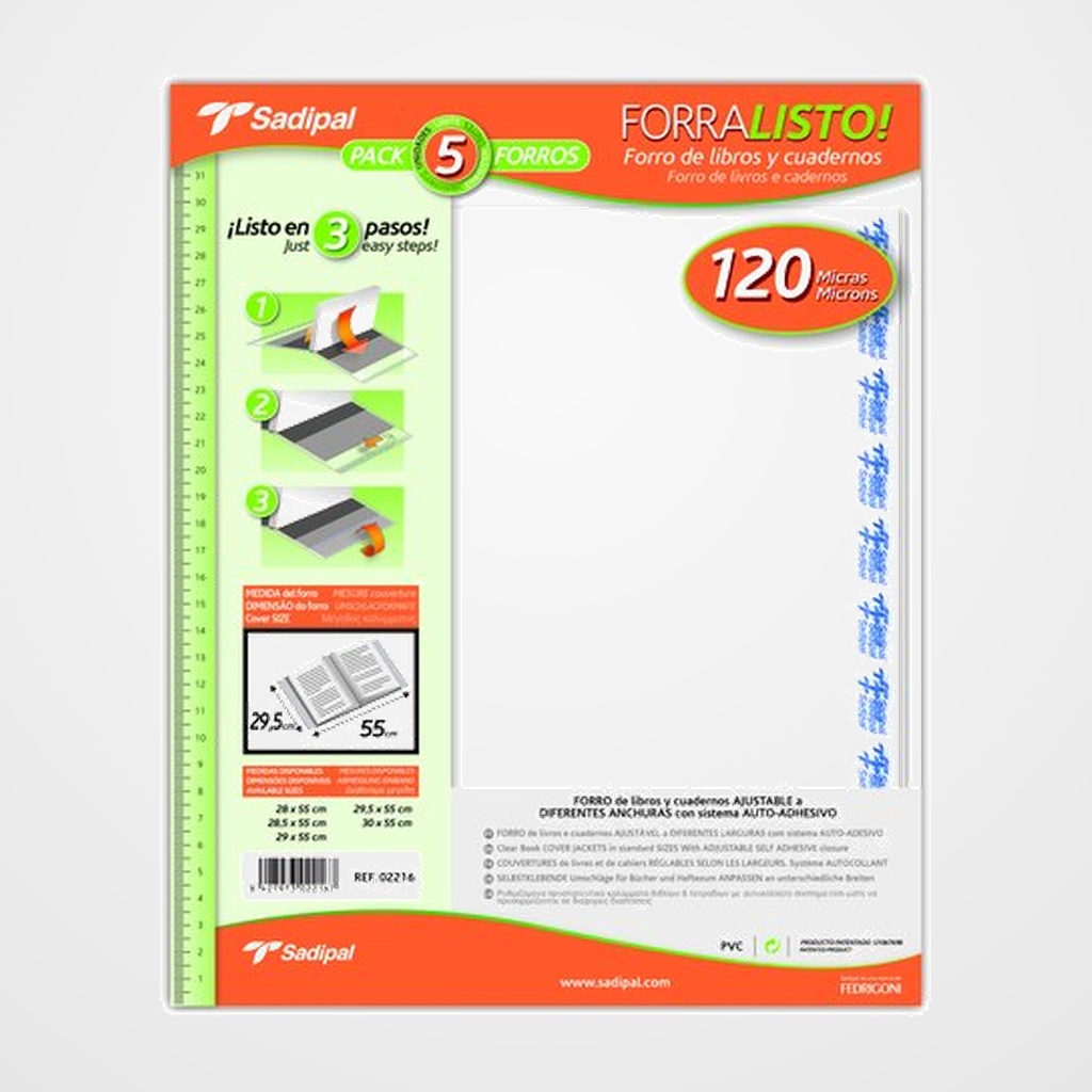 FORRO AJUSTABLE SADIPAL PVC TRANS. 120µ 29,5x55 cm BLISTER de 5