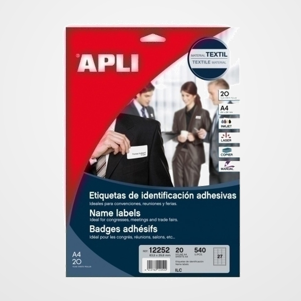 FUNDA DISTINTIVO APLI A4 TEXTIL IMPRIMIBLE 63,5x29,6mm CAJA DE 20h