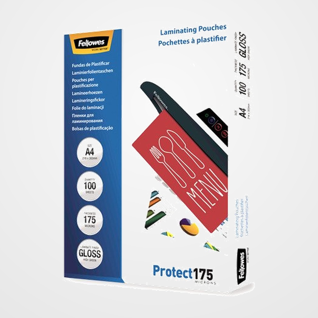 FUNDA PLASTIFICAR FELLOWES BRILLO 216x303 (A4) 175µ PAQUETE de 100