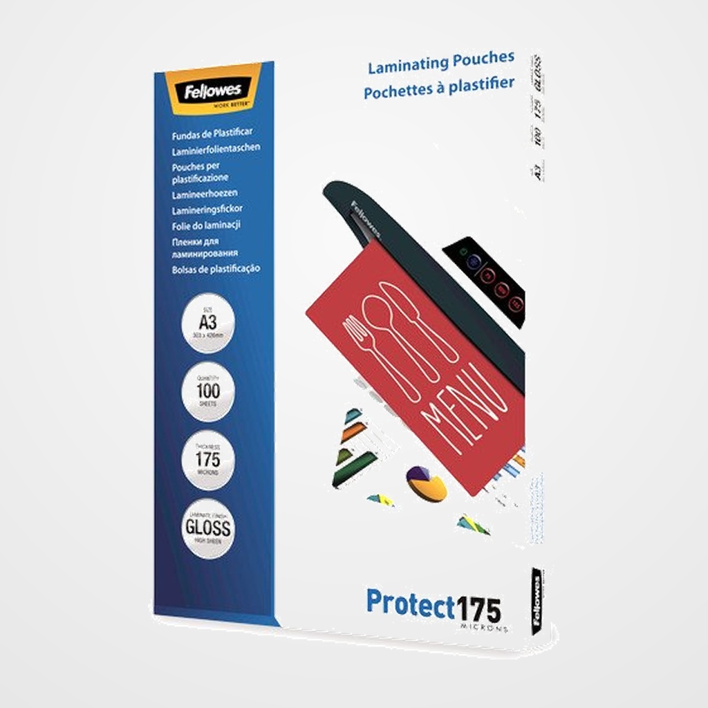 FUNDA PLASTIFICAR FELLOWES BRILLO 303x426 (A3) 175µ PAQUETE de 100