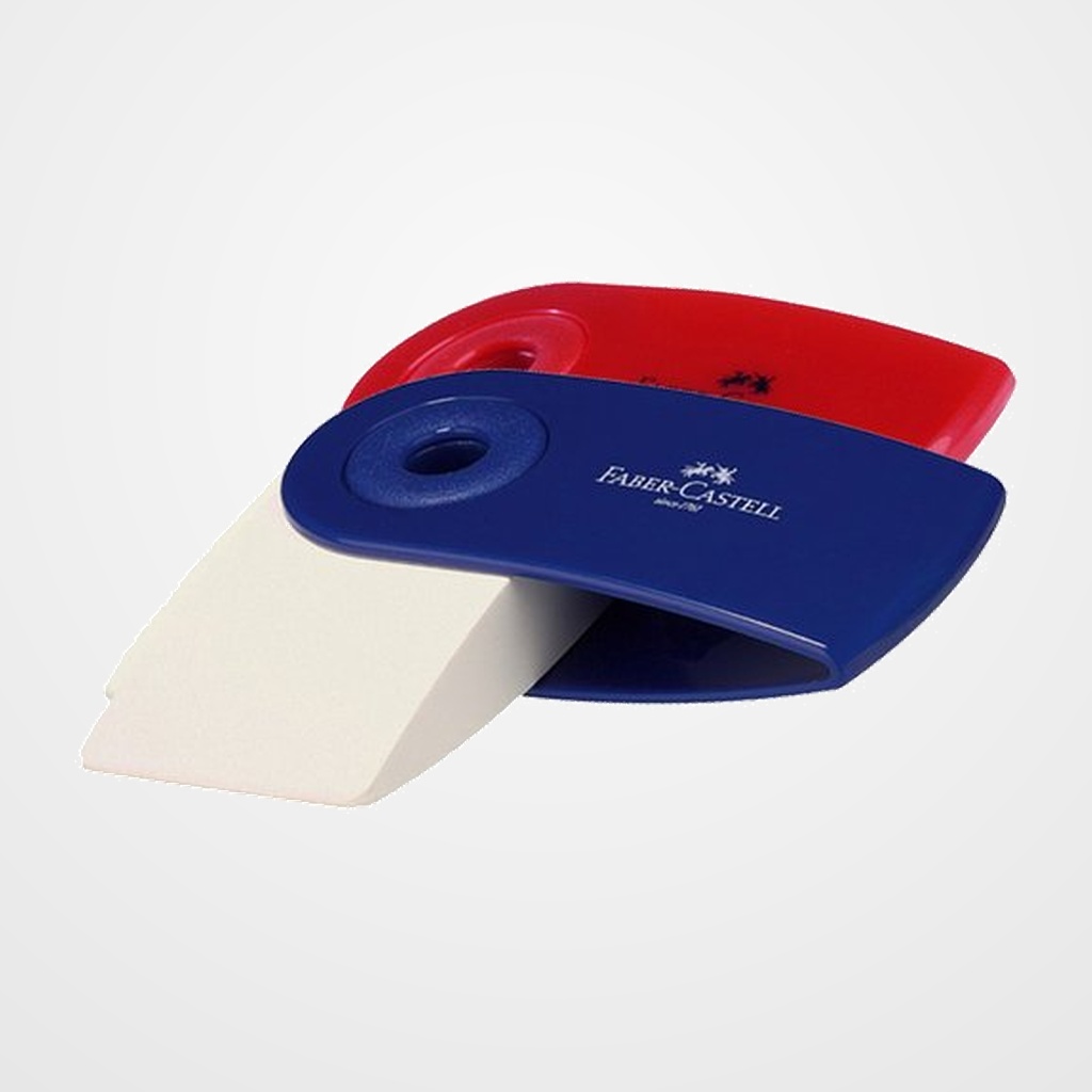 GOMA de BORRAR FABER-CASTELL SLEEVE MINI con FUNDA color AZUL ó ROJA