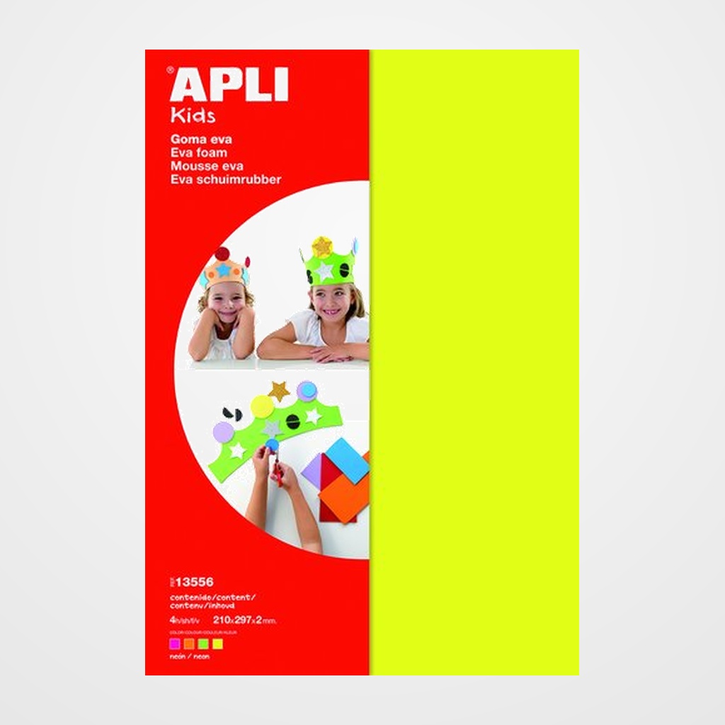 GOMA EVA  APLI HOJA 20x30 cm FLUOR 4 hojas (ROSA, AMARILLO, VERDE Y NARANJA)