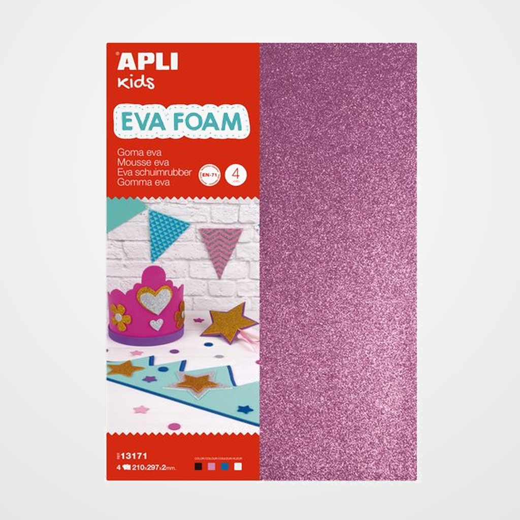 GOMA EVA  APLI HOJA 20x30 cm PURPURINA 4 hojas (BLANCO, NEGRO, ROSA Y AZUL)