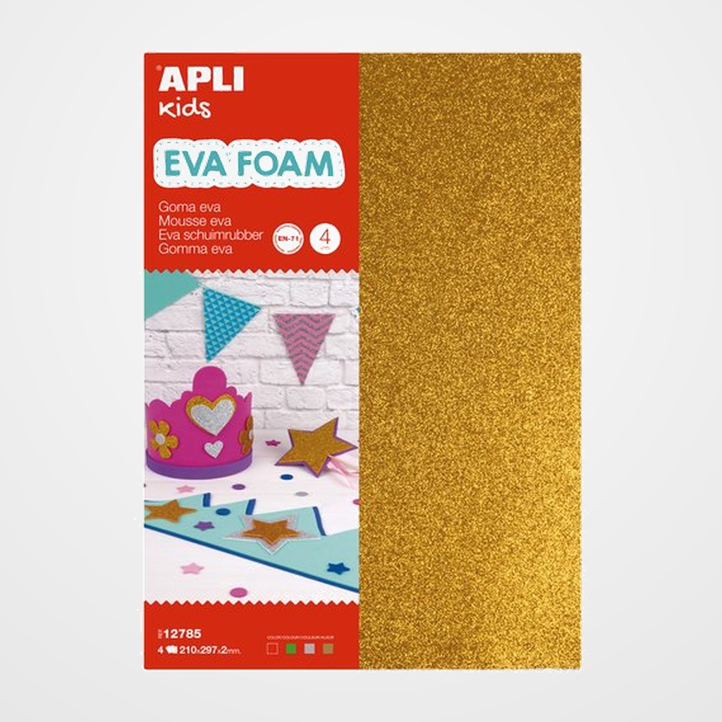 GOMA EVA  APLI HOJA 20x30 cm PURPURINA 4 hojas (ORO, PLATA, VERDE Y ROJO)
