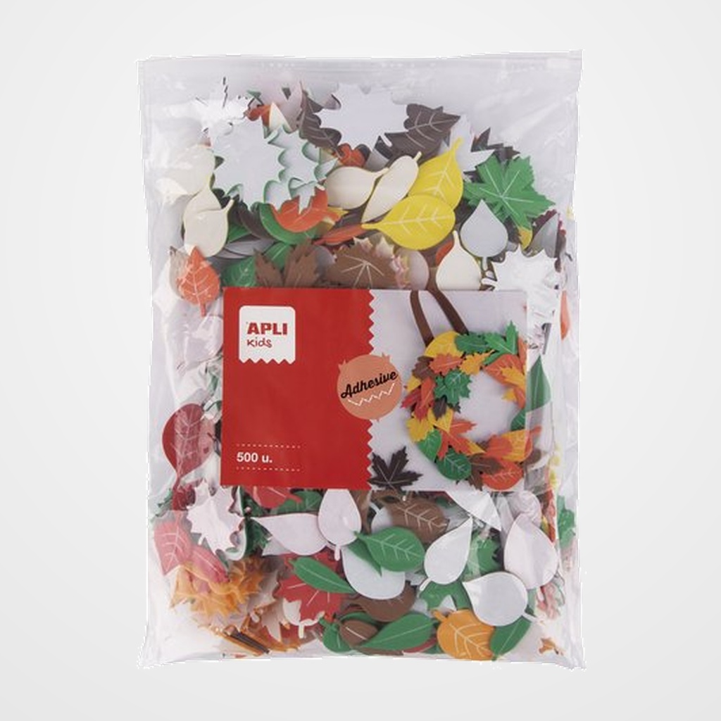 GOMA EVA APLI FORMAS ADHESIVAS HOJAS BOLSA de 500 (16 FORMAS SURTIDAS DE 3-5cm)