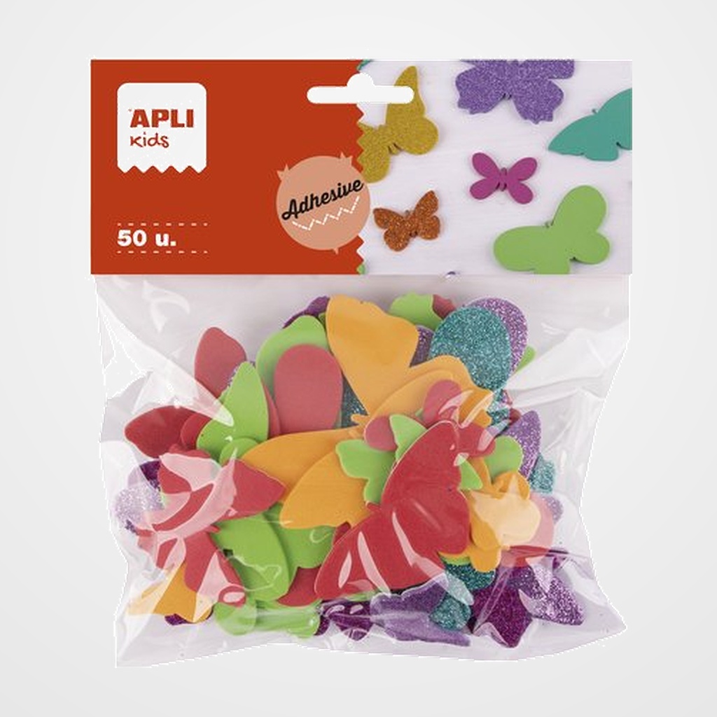 GOMA EVA APLI FORMAS ADHESIVAS MARIPOSAS BOLSA de 50 (6 FORMAS SURTIDAS DE 3-6cm)