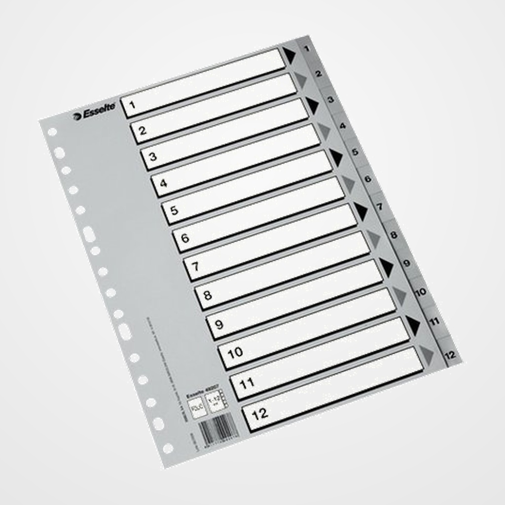 INDICE ESSELTE PP NUMERICO Fº pestañas 1-12 16 taladros GRIS con IND.B/N