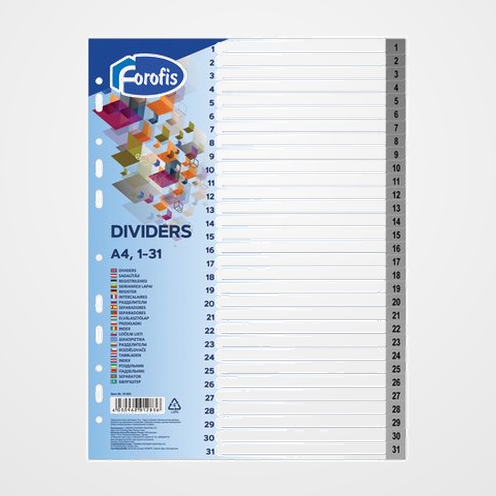INDICE FOROFIS PP NUMERICO A4 pestañas 1-31 11 taladros GRIS con IND.B/N