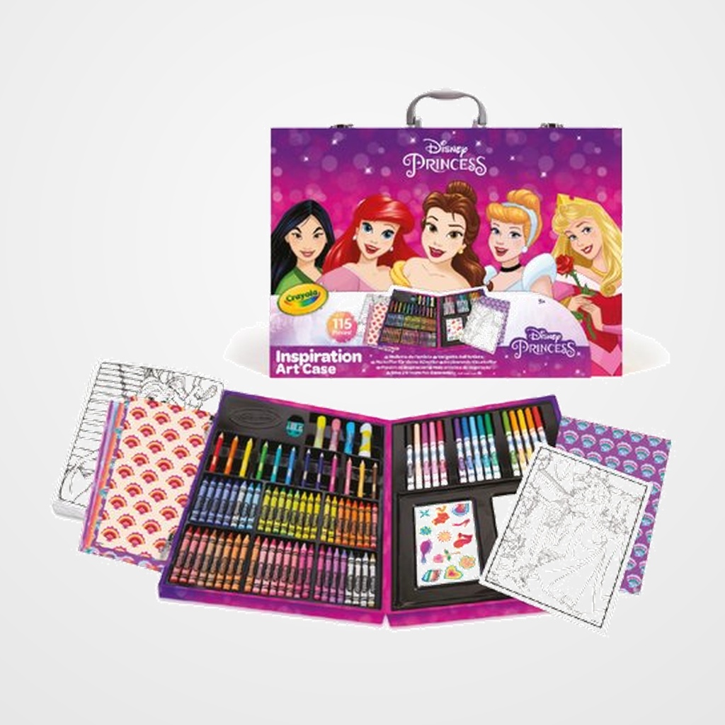JUEGO CRAYOLA MALETIN DEL ARTISTA PRINCESAS DISNEY 115 PZ (+ 4 años) (1x Maletin, 48x Ceras, 15x Rotuladores lavables, 12x Mini lapices, 4x Hojas adhesivas, 3x Pegamento glitter, 1x Pegamento barra glitter, 1x Afilalapiz doble, 25 Hojas de papel, 5x Hoja Scrapbook)