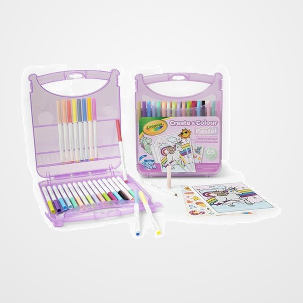[25201967] JUEGO CRAYOLA MALETIN ROTULADORES LAVABLES SUPER TIPS COLOR PASTEL 65 PZ (+ 4 años) (1 maletin de plastico con asa, 25 rotuladores lavables Super Punta colores pastel, 20 paginas para colorear 20x15 cm, 18 folios en blanco 20x15 cm, 2 hojas de pegatinas 20x15 cm)
