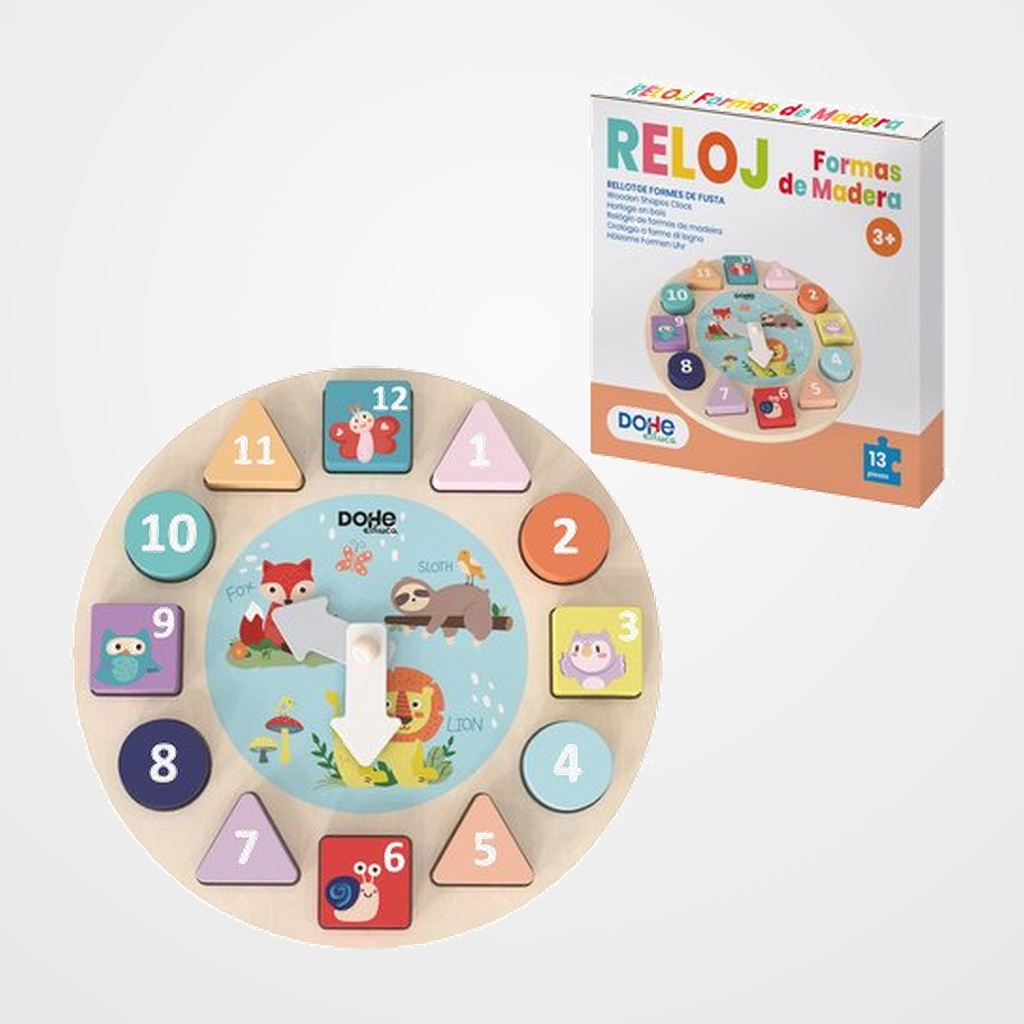 JUEGO DOHE EDUCA RELOJ FORMAS ENSARTABLES de MADERA + 3 AÑOS