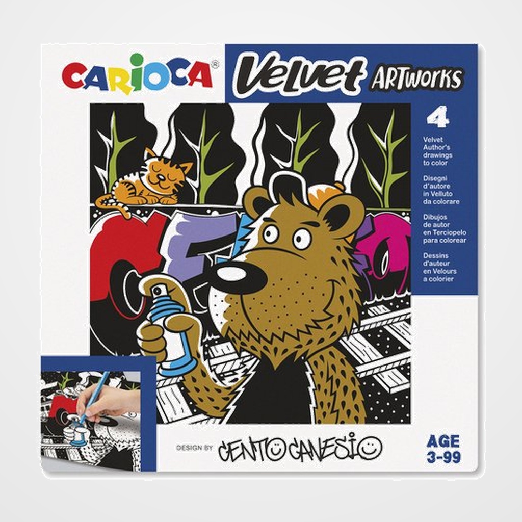 JUEGO EDUCATIVO CARIOCA VELVET ARTWORKS +3 AÑOS (TERCIOPELO PARA COLOREAR) CENTO GRAFFITI  SET DE 4 LAMINAS