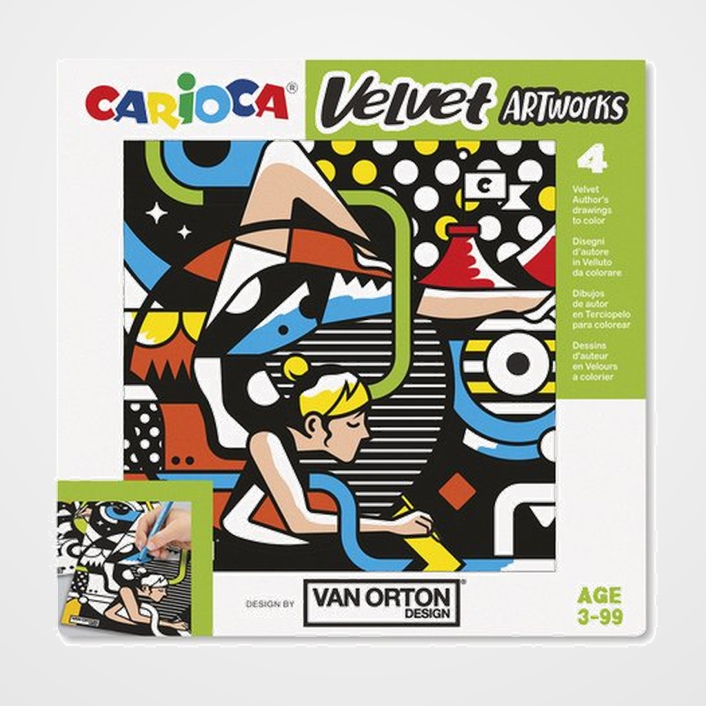 JUEGO EDUCATIVO CARIOCA VELVET ARTWORKS +3 AÑOS (TERCIOPELO PARA COLOREAR) VAN ORTON STREET SET DE 4 LAMINAS