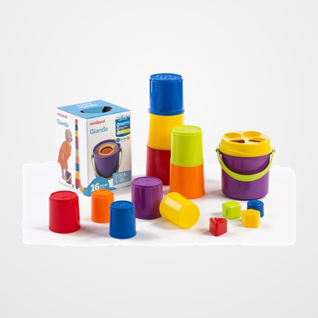JUEGO MINILAND GIANTTE:CUBO+ VASITOS APILABLES (10 vasos, 4 formas, 1 cubo y 1 tapa 95 cm.)