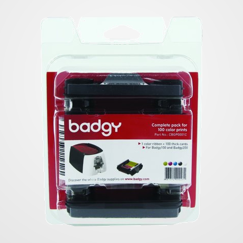KIT CINTA BADGY COLOR YMCKO PARA 100 IMPRESIONES + 100 TARJETAS PVC GRUESAS 0,76 mm