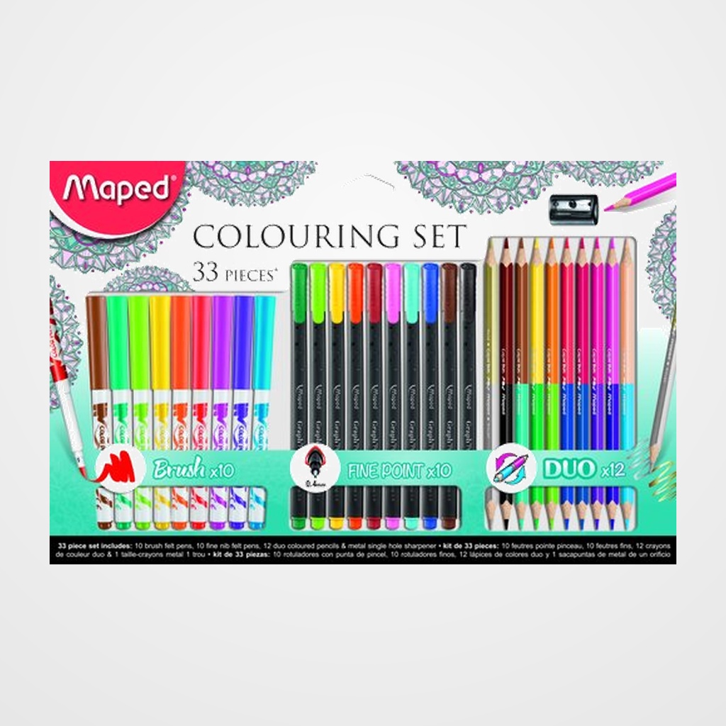 KIT MAPED COLORING COLOR  MANDALA 33 PIEZAS 10x FINE POINT 10x BRUSH 12x LAPICES DUO 1x AFILALAPIZ