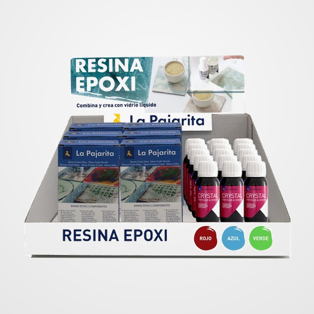 LACA TRANSP. CRISTAL LA PAJARITA 50 ml (frasco) EXPOSITOR de 21 5x 126507 Laca cristal verde esmeralda C-04 5x 126607 Laca cristal azul turquesa C-05 5x 126707 Laca cristal rojo C-02 6x 712147C pajarita kit finish glass