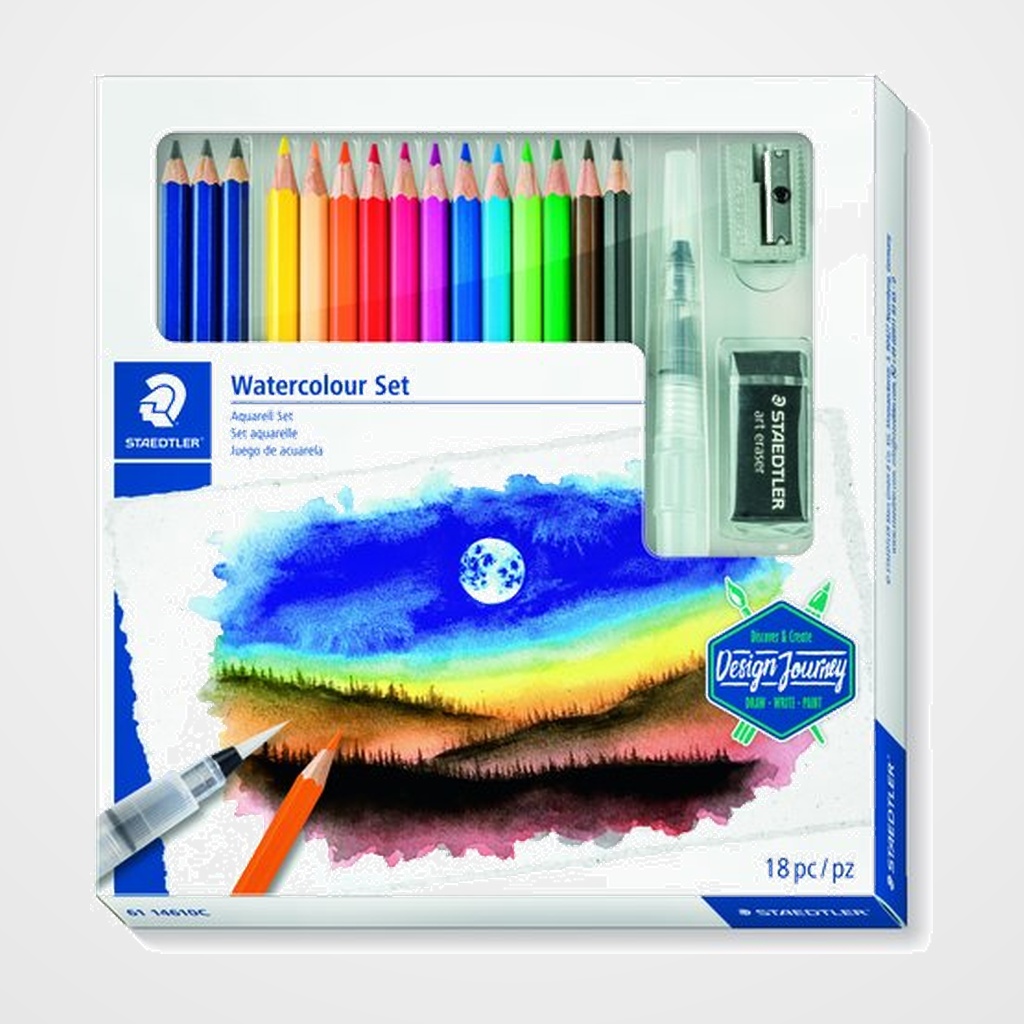 LAPICES ACUARELABLES STAEDTLER DESIGN JOURNEY SET DE DIBUJO MIXTO CAJA de 18 12x 14610C LAPICES ACUARELABLES 3x 100A LUMOGRAPH AQUARELL 1x 949-M PINCEL 1x 526 B30-9C GOMA DE BORRAR 1x 510 10 AFILA METALICO