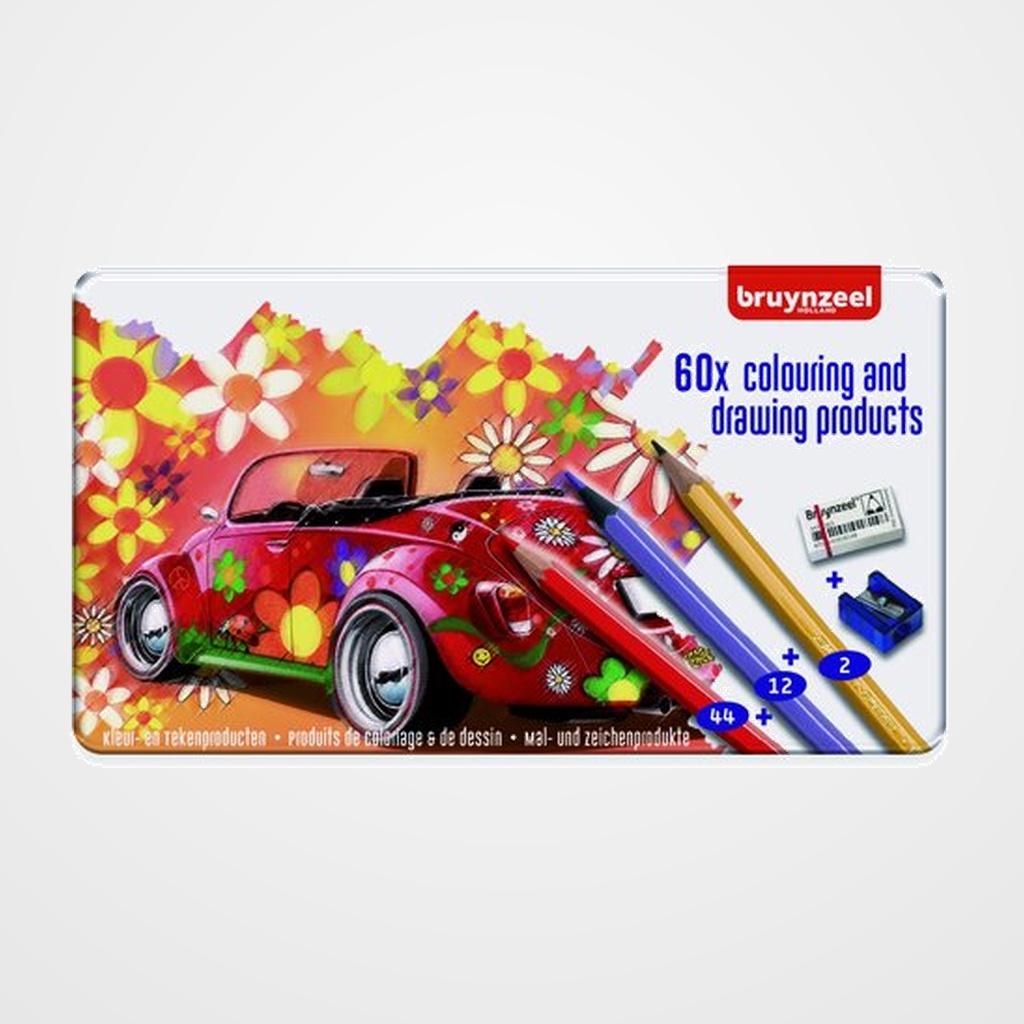 LAPICES de COLORES BRUYNZEEL estuche de METAL de 60 (12 lapices metalizados + goma + sacapuntas)