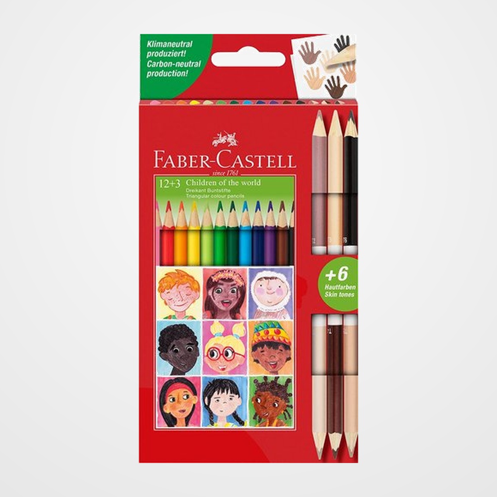 LAPICES de COLORES FABER-CASTELL  estuche de 12+3 BICOLOR NIÑOS DEL MUNDO
