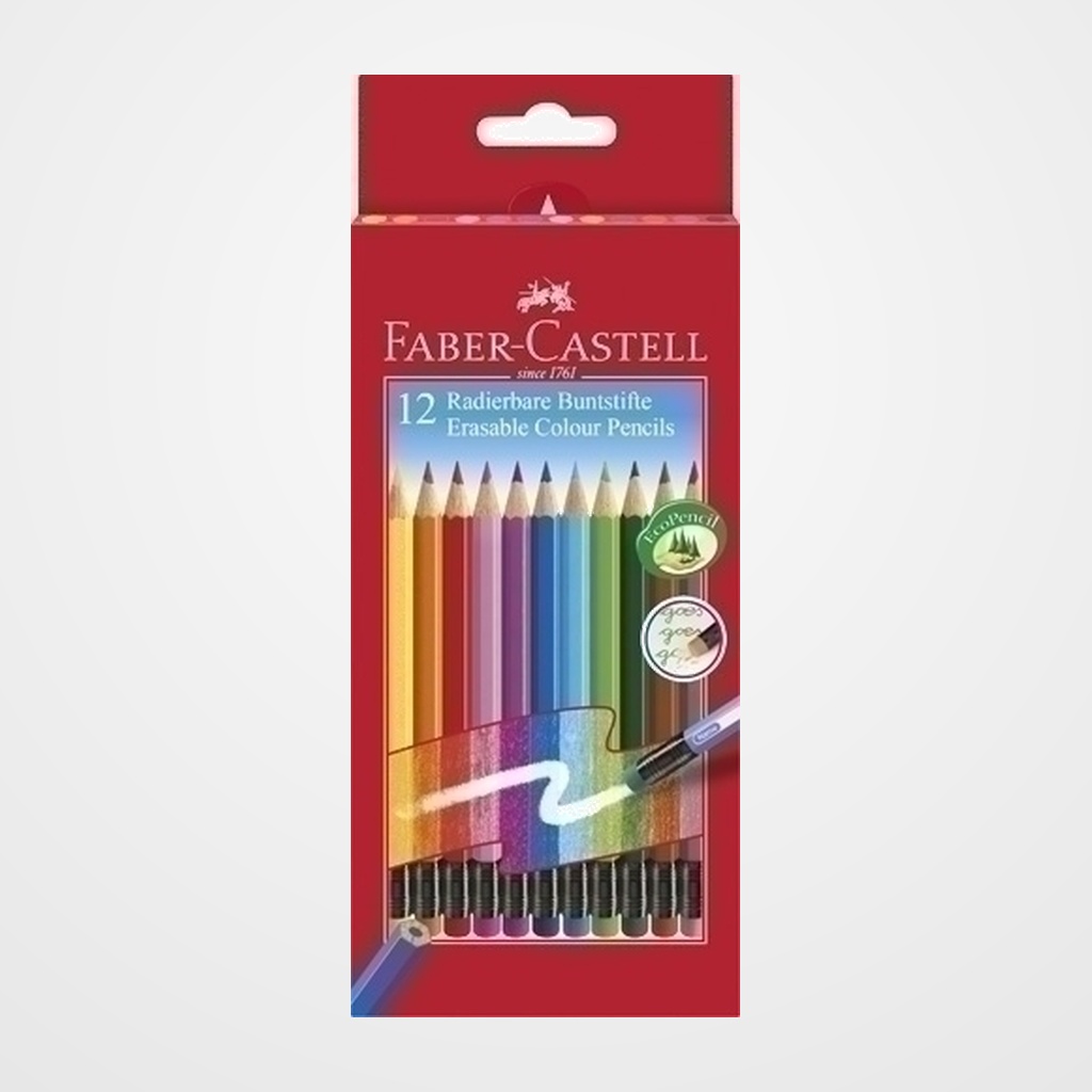 LAPICES de COLORES FABER-CASTELL BORRABLE estuche de 12 con GOMA