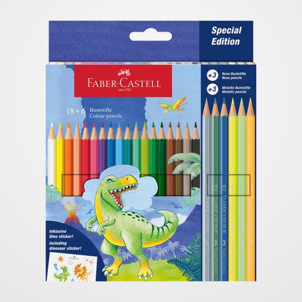 LAPICES de COLORES FABER-CASTELL DINOSAURIOS ESTUCHE de 18+6