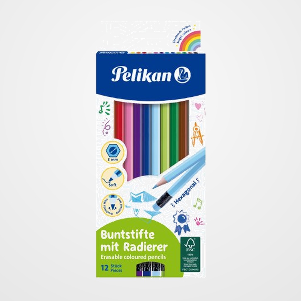 LAPICES de COLORES PELIKAN BORRABLE estuche de 12 con GOMA (700689)