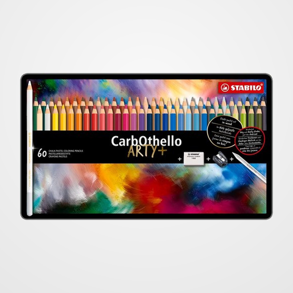 LAPICES de COLORES STABILO CARBOTHELLO estuche de METAL de 60 (Incluye 1 afilalapices 4514 + 1 goma de borrar 1183 + 1 difumino)