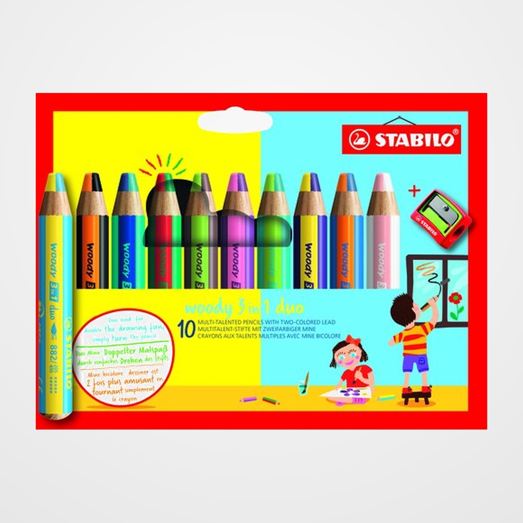 LAPICES de COLORES STABILO WOODY 3 EN 1 DUO SURTIDO ESTUCHE de 10 + AFILALAPIZ