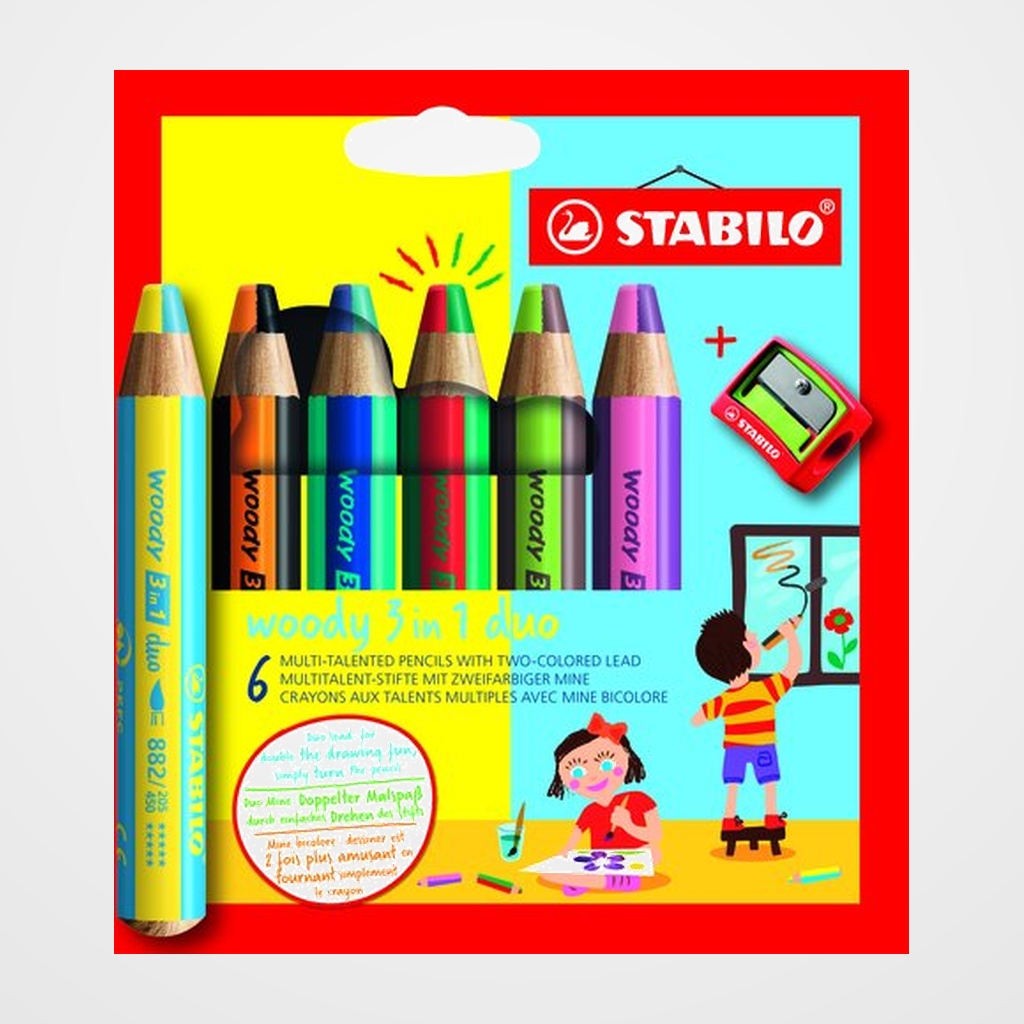 LAPICES de COLORES STABILO WOODY 3 EN 1 DUO SURTIDO ESTUCHE de 6 + AFILALAPIZ