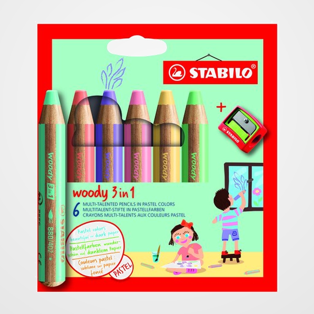 LAPICES de COLORES STABILO WOODY 3 en 1 PASTEL ESTUCHE DE 6 (incluye sacapuntas)