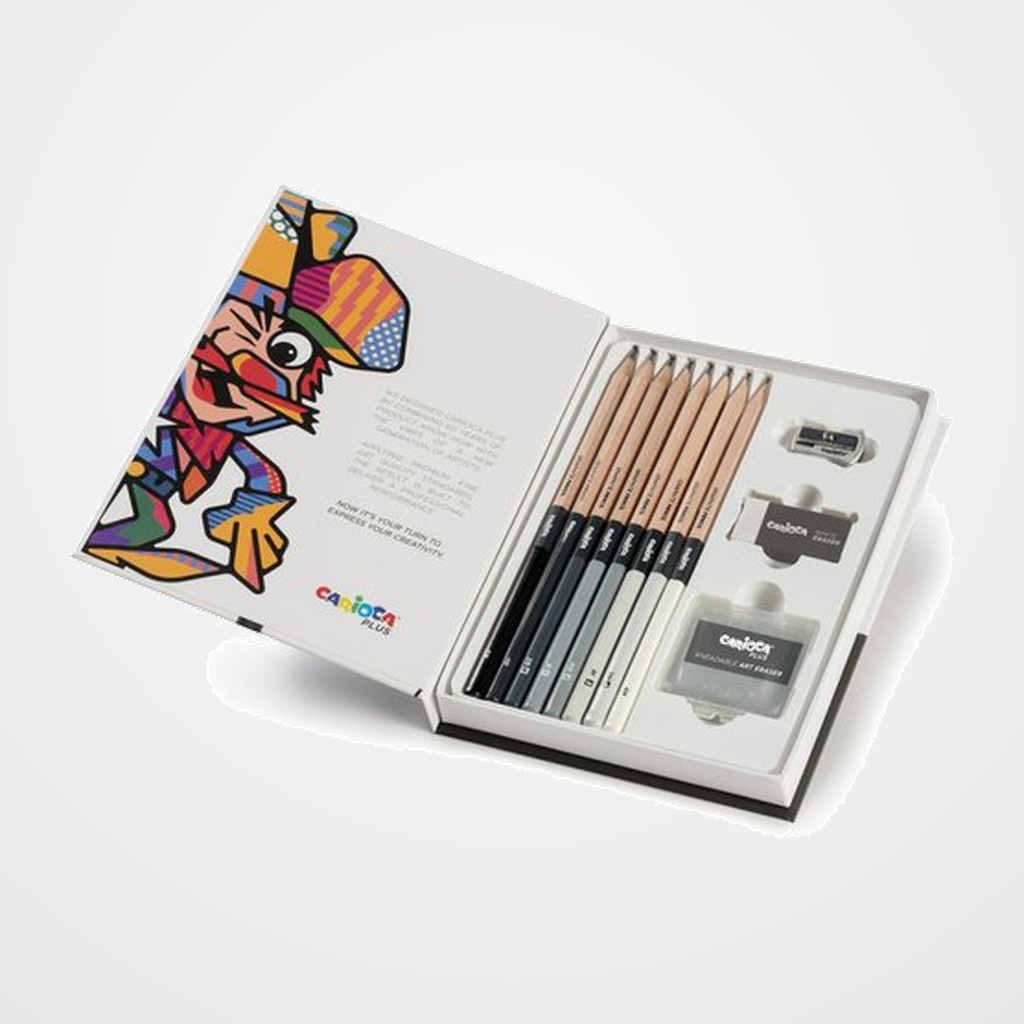 LAPICES de GRAFITO CARIOCA PLUS SET DE DIBUJO (lapices, afilalapiz y goma de borrar)