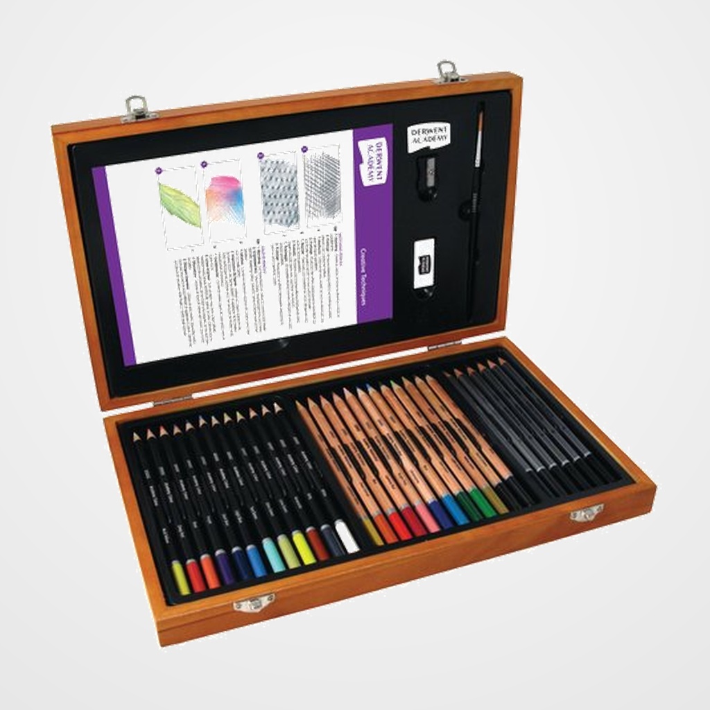 LAPICES DERWENT ACADEMY CAJA DE MADERA de 35 PIEZAS 6 LAPICES SKETCHING 3B AL 2B 12 LAPICES DE COLOREAR 12 LAPICES ACUARELABLES 1 GOMA + SACAPUNTAS + PINCEL+ BLOC + FICHA CON IDEAS