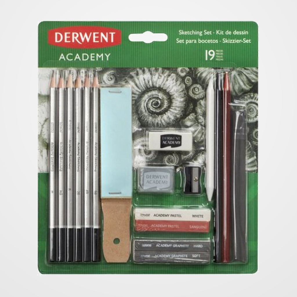 LAPICES DERWENT ACADEMY KIT DE BOCETOS 19 PIEZAS 6 LAPICES DE GRAFITO 2 BARRAS DE GRAFITO 2 LAPICES DE DIBUJO + 1 GOMA + 1 GOMA AMASABLE 2 PASTELES + 2 CARBONCILLO 1 PAPEL LIJA + SACAPUNTAS + DIFUMINO