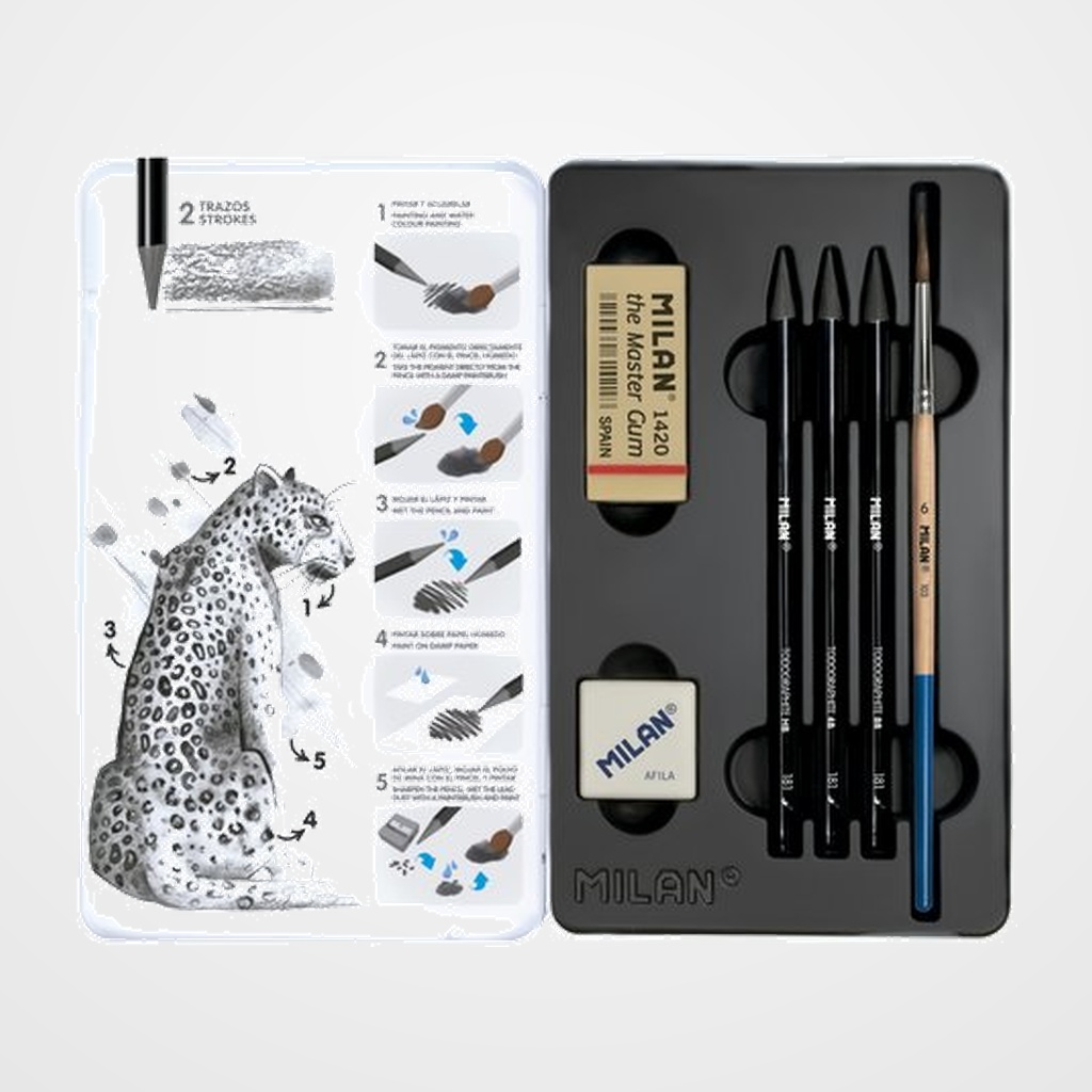 LAPIZ de GRAFITO ACUARELABLE MILAN CAJA METALICA DE 3 (HB, 4B Y 8B) + sacapuntas + goma + pincel