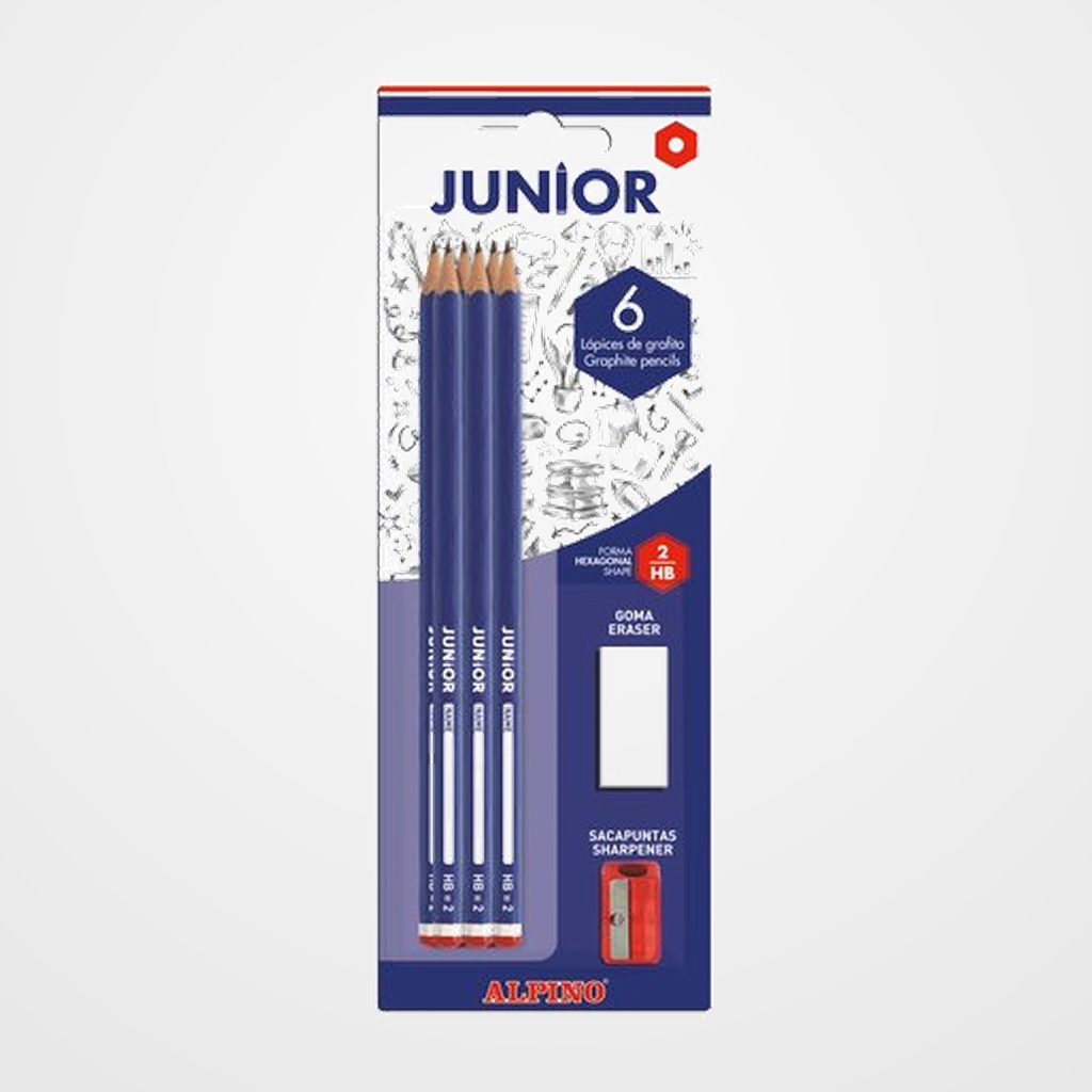 LAPIZ de GRAFITO ALPINO JUNIOR - HB blister de 6 con GOMA y AFILA