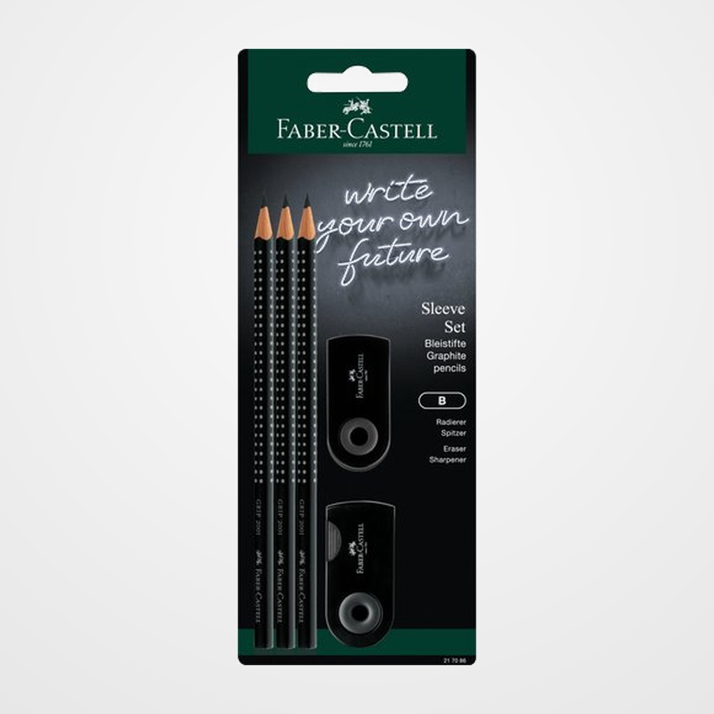 LAPIZ de GRAFITO FABER-CASTELL GRIP - B SET SLEEVE (3 lapices GRIP B + 1 afila SLEEVE + 1 goma SLEEVE)