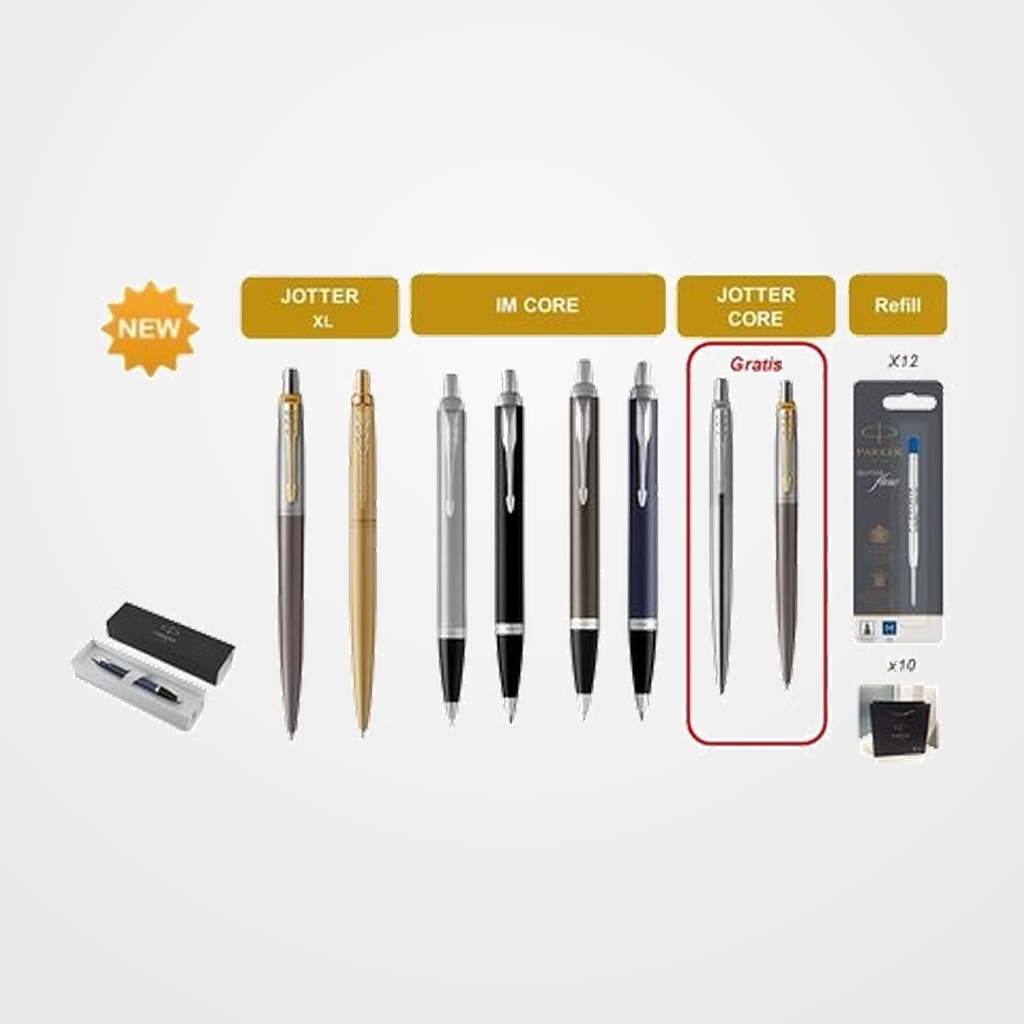 LOTE DE ESCRITURA PARKER 2025 8 UNIDADES 1x 2213722. BOLIG. PARKER JOTTER XL GREY CORE 1x 2122754. BOLIG. PARKER JOTTER XL MONOCHROME GOLD 1x 2143631. BOLIG. PARKE IM ACERO CT 1x 2143632. BOLIG. PARKER IM NEGRO CT 1x 1931671. BOLIG. PARKER IM ESPRESSO DARK CT 1x 1931668. BOLIG. PARKER IM AZUL CT 1x 1953170. BOLIG. PARKER JOTTER CORE ACERO CT 1x 2213723. BOLIG. PARKER JOTTER CORE GREY GT 12x 1950371. RECAMBIO BOLIG. PARKER AZUL MEDIO 10x BOLSAS PARKER SIN CARGO