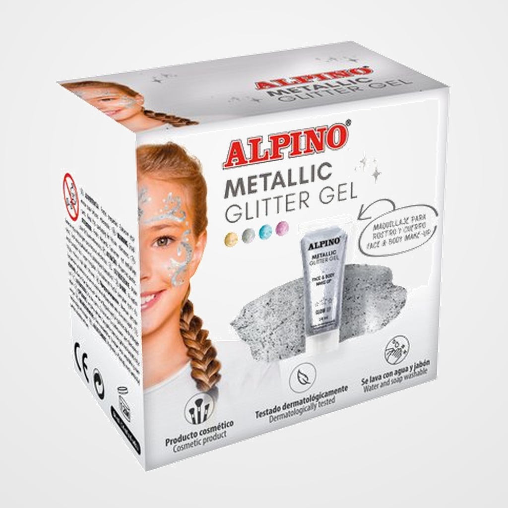 MAQUILLAJE ALPINO GLITTER GEL METALICO PLATA ESTUCHE DE 6