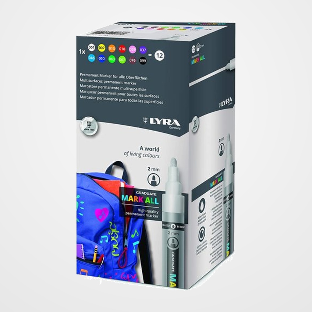 MARCADOR PERMANENTE LYRA GRADUATE MARK ALL CONICO 2,0 mm. SURTIDO ESTUCHE DE 12