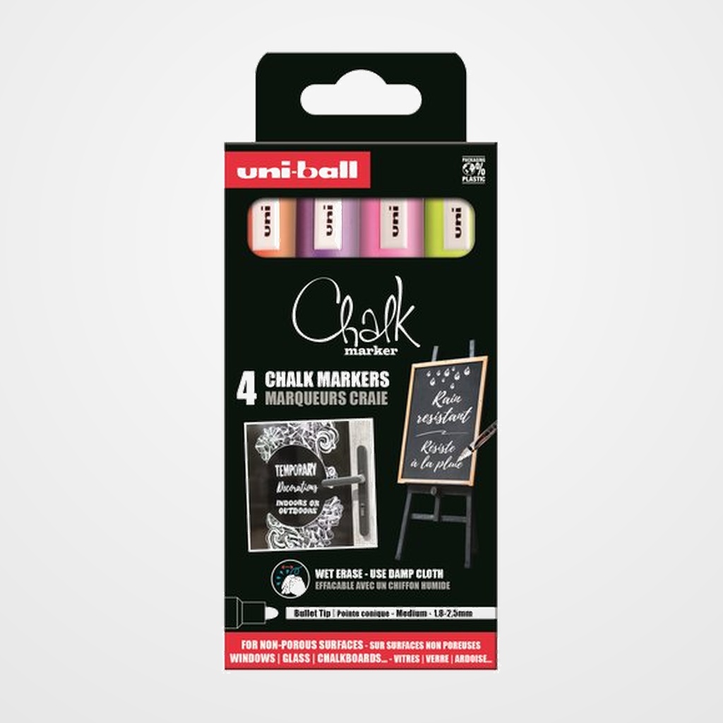 MARCADOR TIZA LIQUIDA UNI-BALL CHALK MARKER (PWE-5M/4P) 1,8-2,5 mm SURTIDO CAJA DE 4 (amarillo f., naranja f., rosa, y violeta)