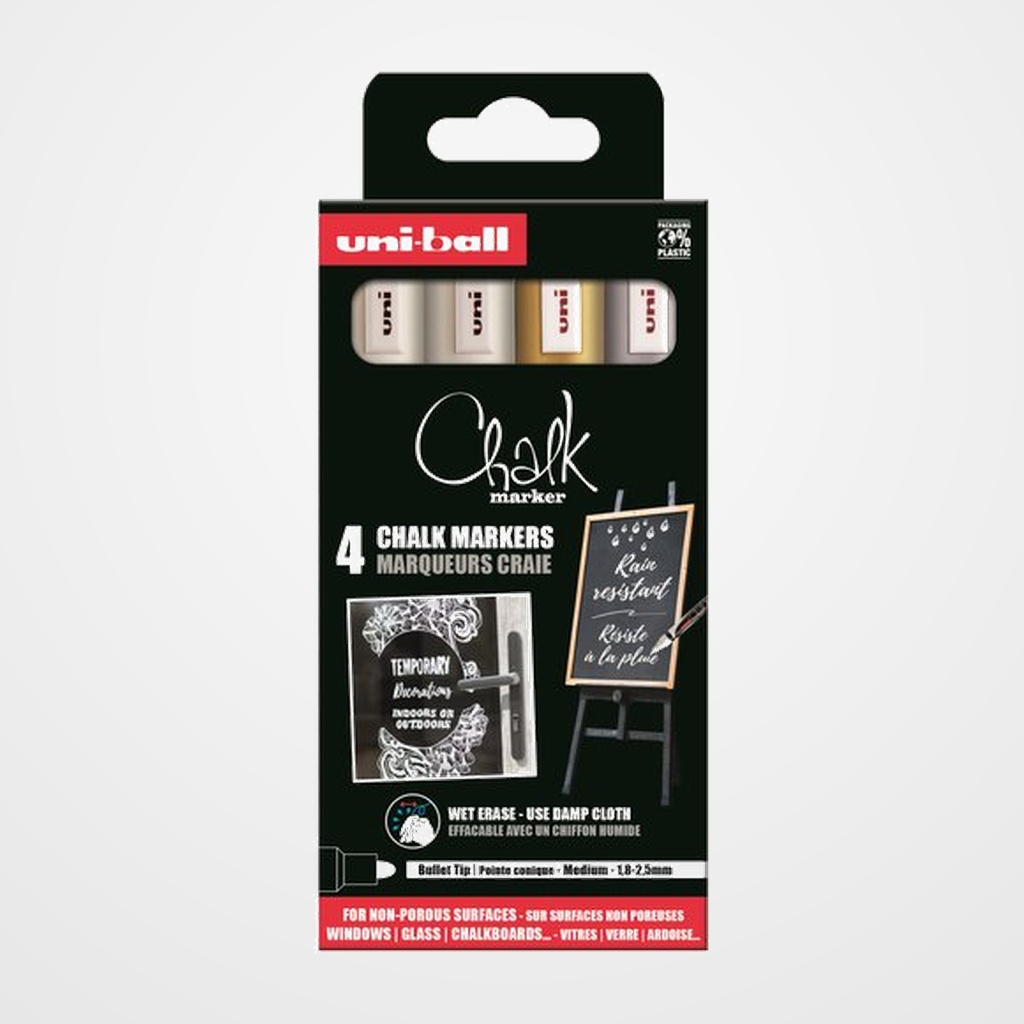 MARCADOR TIZA LIQUIDA UNI-BALL CHALK MARKER (PWE-5M/4P) 1,8-2,5 mm SURTIDO GSW CAJA DE 4 (2x blanco, oro, y plata)