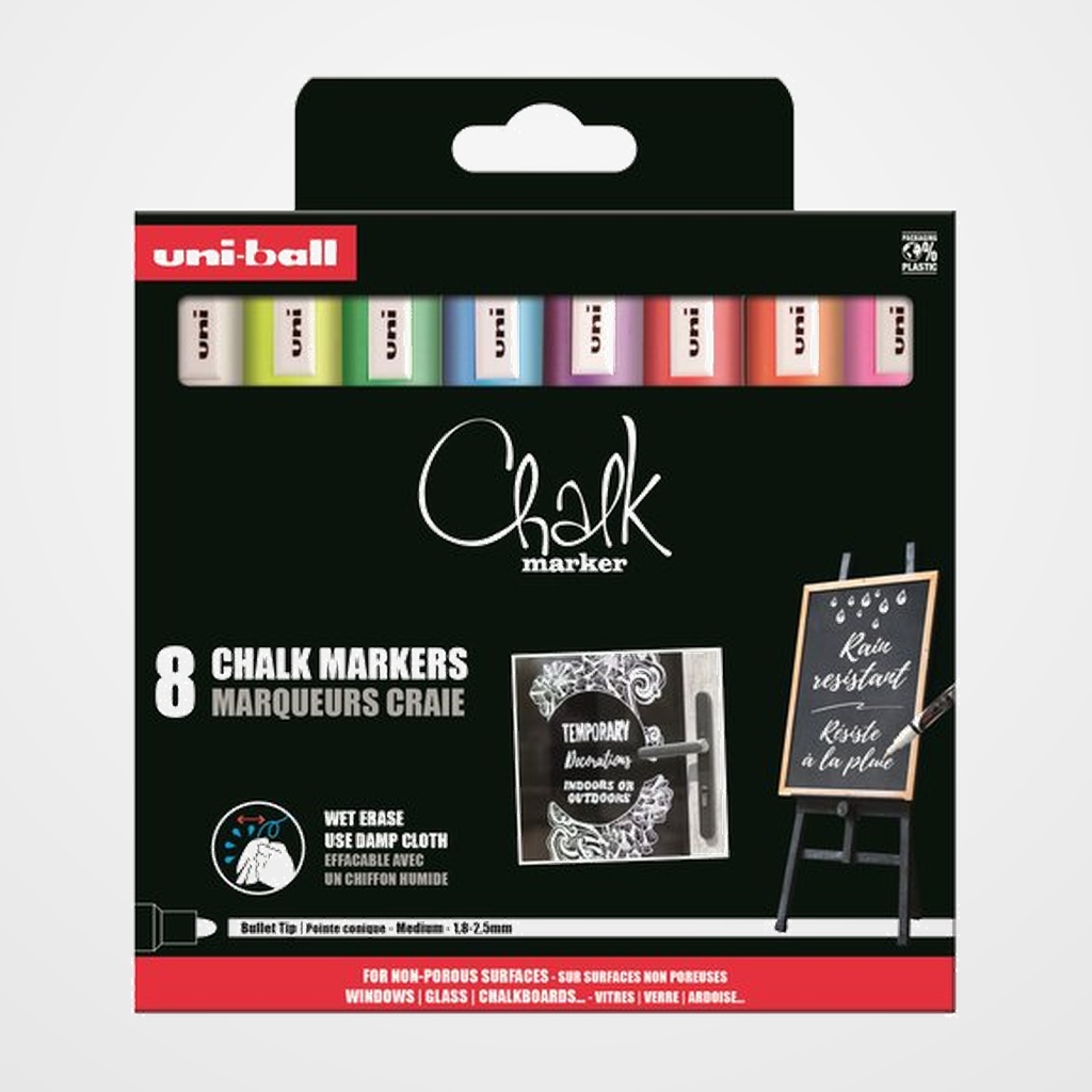 MARCADOR TIZA LIQUIDA UNI-BALL CHALK MARKER (PWE-5M/8P) 1,8-2,5 mm SURTIDO CAJA DE 8 (amarillo f., naranja f., verde f., rosa, rojo, violeta, blanco y azul claro)