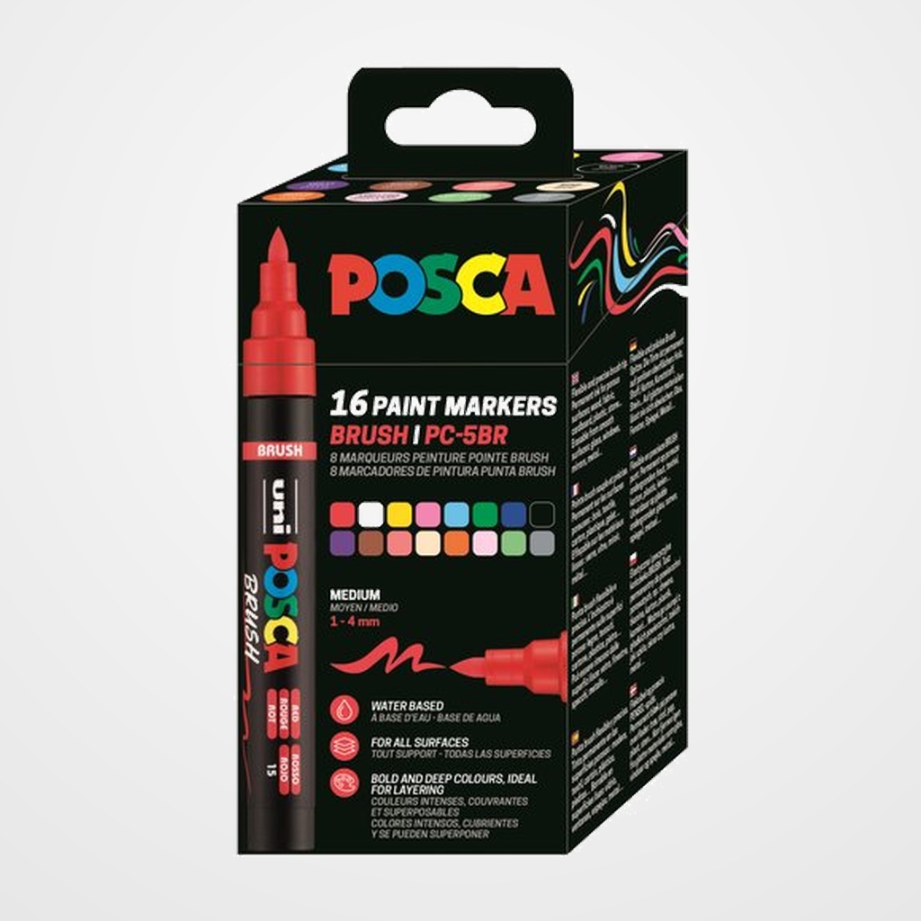 MARCADOR T.OPACA NO PERM. UNI POSCA BRUSH 1-4mm (PC-5BR) GAMA COMPLETA ESTUCHE de 16
