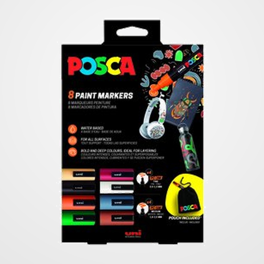 MARCADOR T.OPACA NO PERM. UNI POSCA (PC-3M PC-5M) NAVIDAD ESTUCHE de 8 (incluye bolsa de tela)