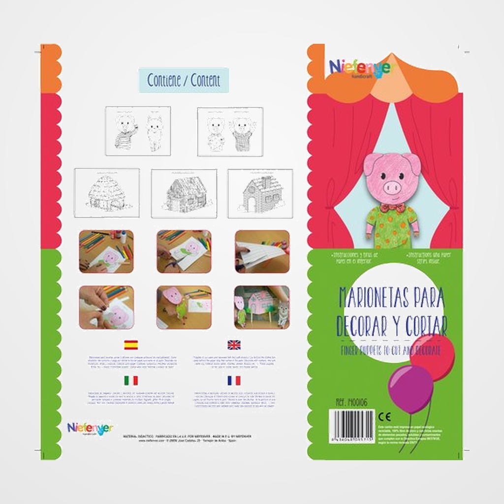 MARIONETA DEDO CARTULINA 300 gr. para RECORTAR Y DECORAR LOS 3 CERDITOS PACK de 7