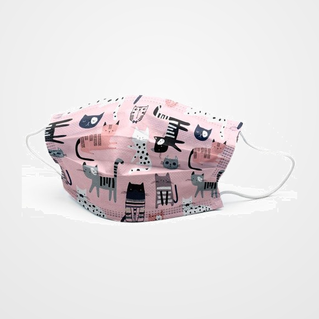 MASCARILLA QUIRURGICA IIR 3 CAPAS DESECHABLE FIRST PROTEC INFANTIL GATOS ROSAS PAQUETE de 10