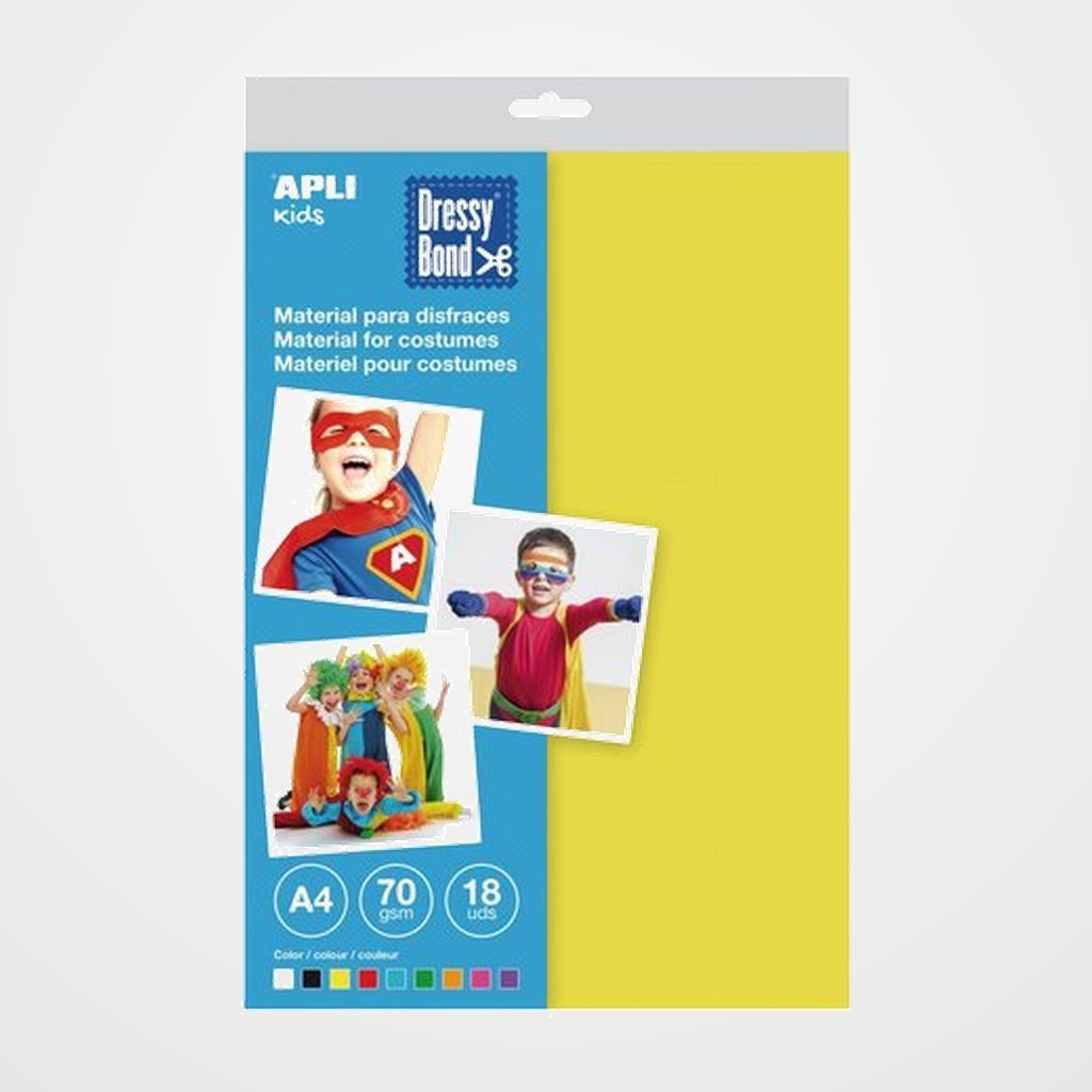 MATERIAL PARA DISFRACES MULTICOLOR 70 GR, PACK SURTIDO A4 CON 18 HOJAS (2 hojas por color: blanco, negro, amarillo, rojo, azul, verde, naranja, rosa y violeta)