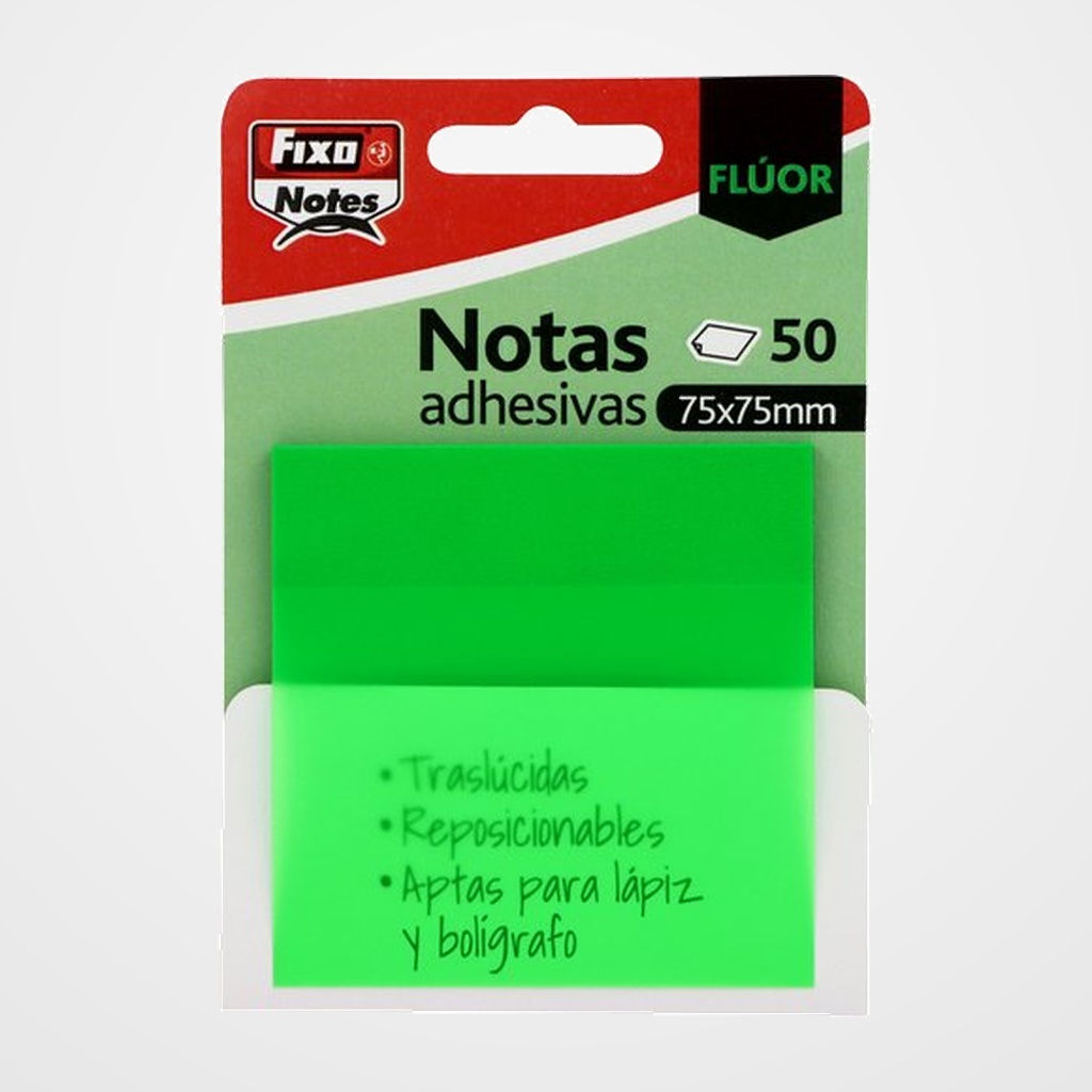 NOTAS ADHESIVAS FIXO NOTES TRASLUCIDAS 50h 75x75 VERDE NEON
