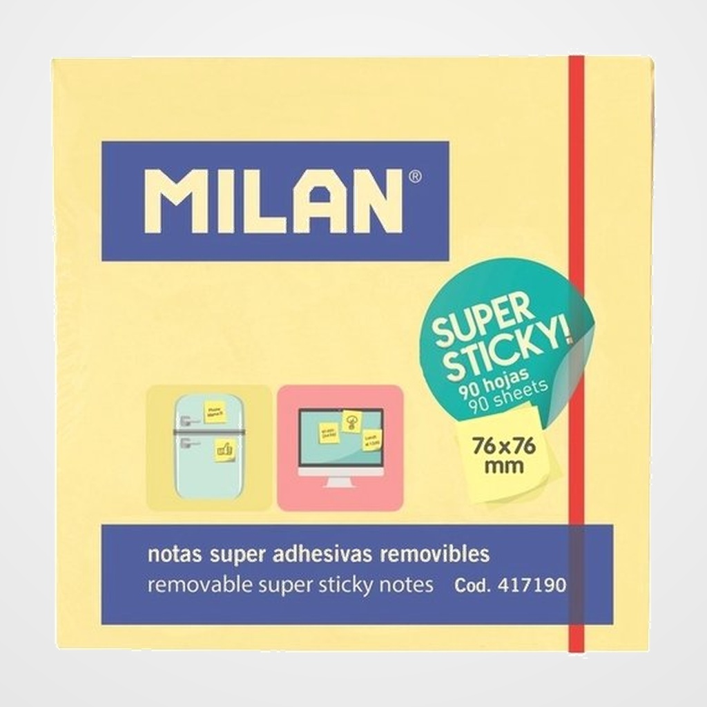 [26901312] NOTAS ADHESIVAS MILAN SUPER STICKY 90h 76x76 PASTEL AMARILLO